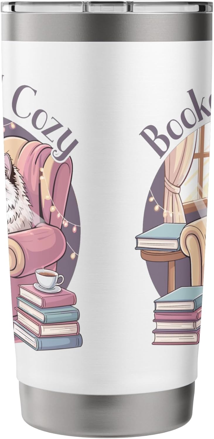 Booked and Cozy Cat Reading Bookworm Feline Reader Stainless Steel Insulated Tumbler