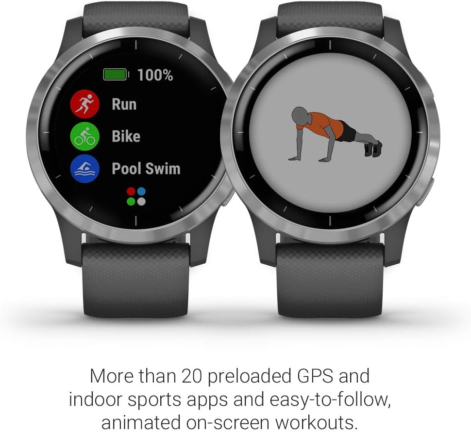 Garmin 010-02174-01 vivoactive 4, GPS Smartwatch, Features Music, Body Energy Monitoring, Animated Workouts, Pulse Ox Sensors and More, Silver with Gray Band