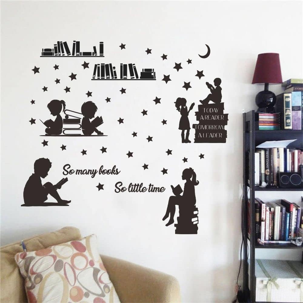 Kids Reading Wall Decal - Today a Reader Tomorrow a Leader Inspirational Quote Sticker - Removable PVC Vinyl for Playroom, Bedroom, Home Library - 31"x34" JWH202 (Black)