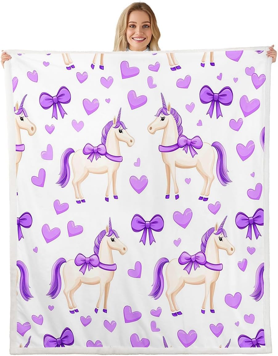 Purple Bow Unicorn Throw Blankets,Coquette Bowknot Fleece Blanket,Kids Girls Boys Adult Love Heart Pattern Fuzzy Blankets Cartoon Dreamy Sherpa Blanket Chair Sofa Bed Decor,30"×40"