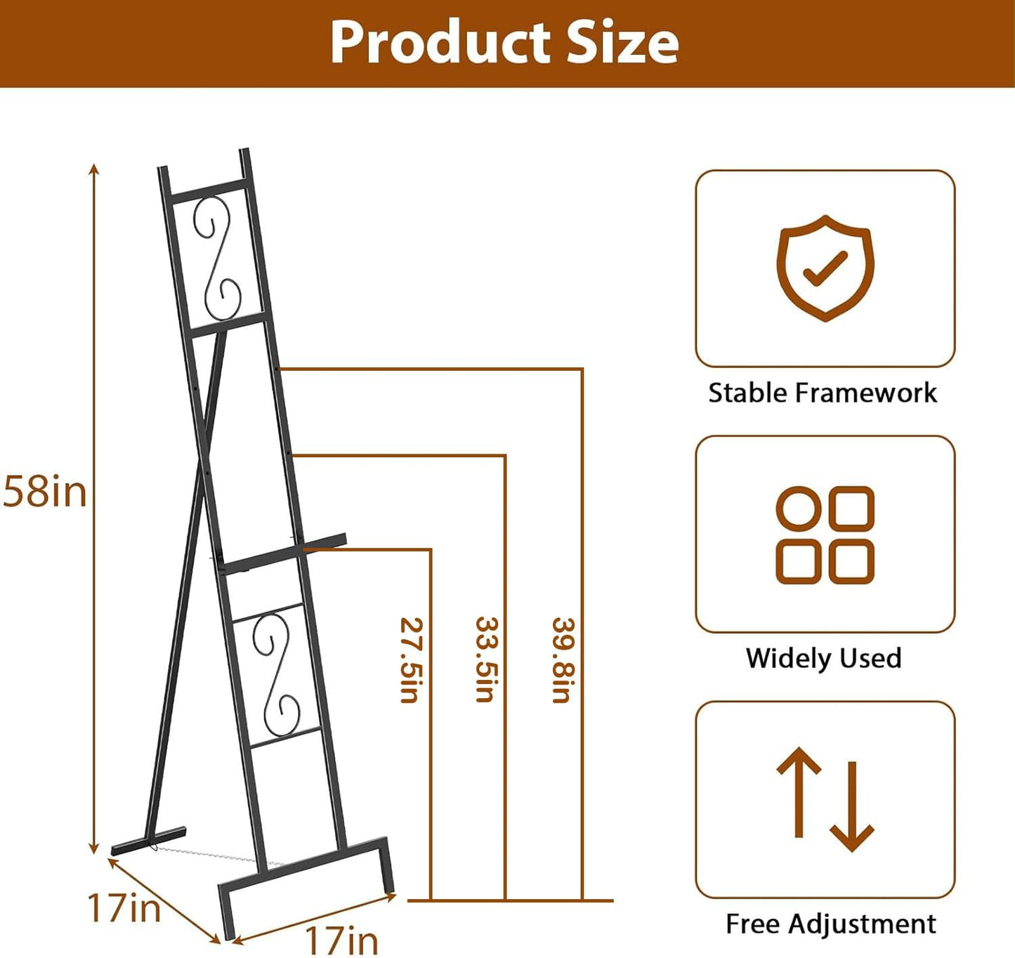 Black Easel Stand for Sign, Heavy Duty Wedding Welcome Sign Stand, Adjustable Art Easel for Display, Painting, Posters, Party, 17” x 17” x 58”H (1 Pack