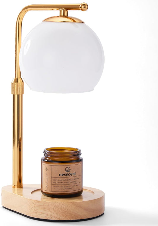 White Glass Candle Warmer Lamp Adjustable Height Dimmer 2 4 8 Hour Timer Natural Wood Base Wax Melter Includes Scented Candle and 2 Bulbs for Bedroom Living Room Modern Minimalist Decor
