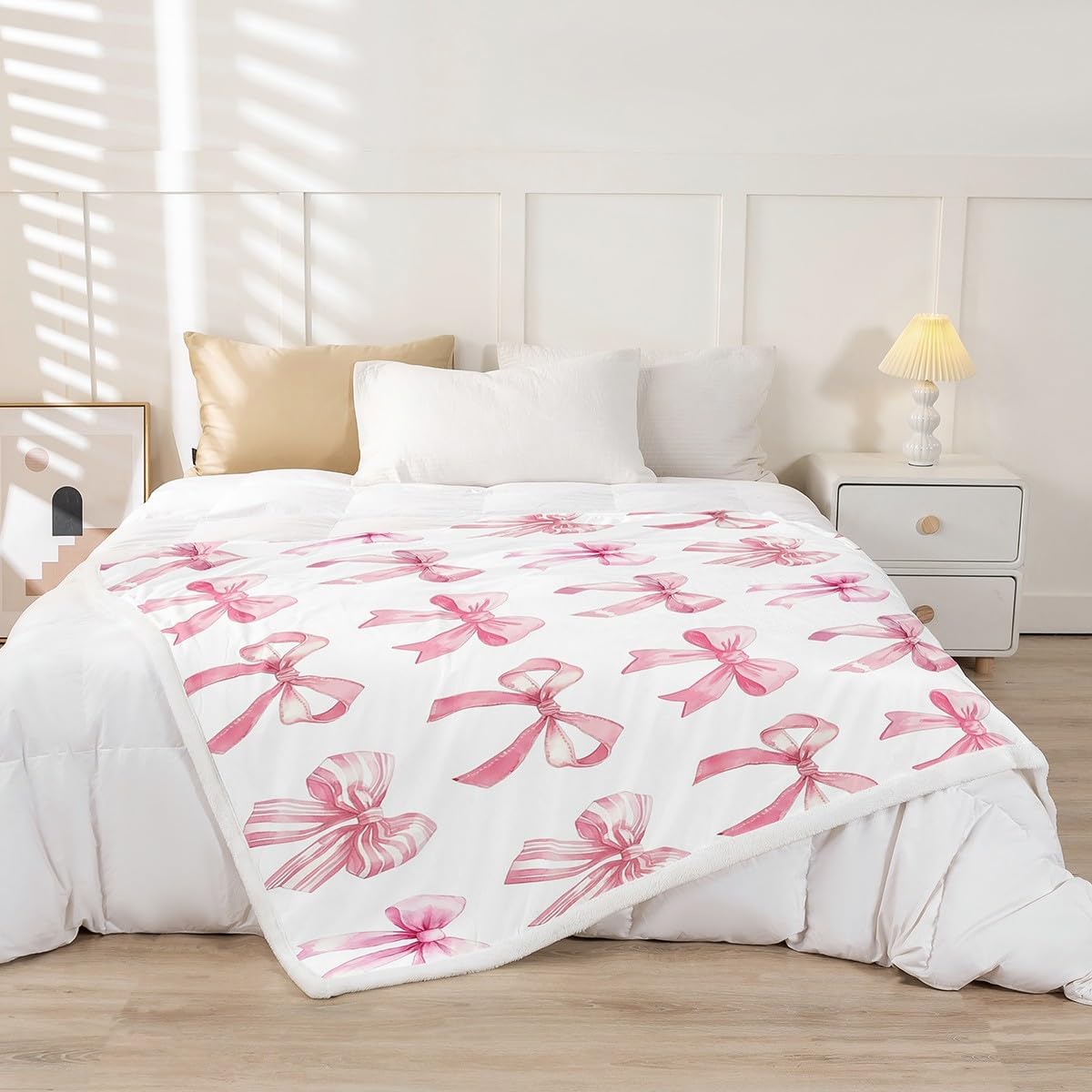 Pink Bowknot Throw Blanket,Girly Princess Style Bed Plush Blanket for Rustic Home Decor,3D Bow Girl Fleece Throw Blanket for Bedroom Sofa Room Decor,Watercolor Pink White Bed Blanket,60"x80"
