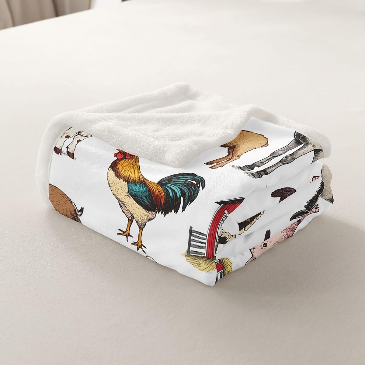 Farm Animals Fleece Blanket - Rustic Farmhouse Throw for Boys & Girls, Horse, Chicken, Rooster, Bull, Cattle, Cow, Sheep, Pig, Duck, Goose - Country Style Fuzzy Blanket, 40"x50" Room Decor