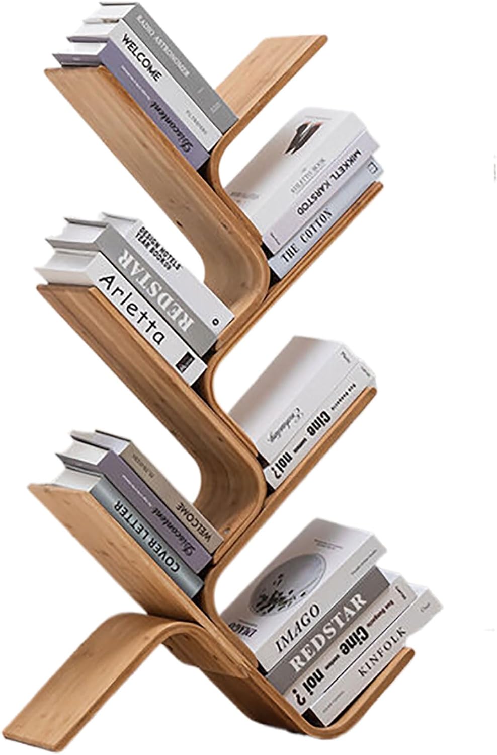 Modern 8-Tier Bamboo Bookshelf, Creative Curved Wood Bookcase Storage, Space-Saving Organizer for Living Room, Bedroom & Corner - Stylish Book Shelf Solution