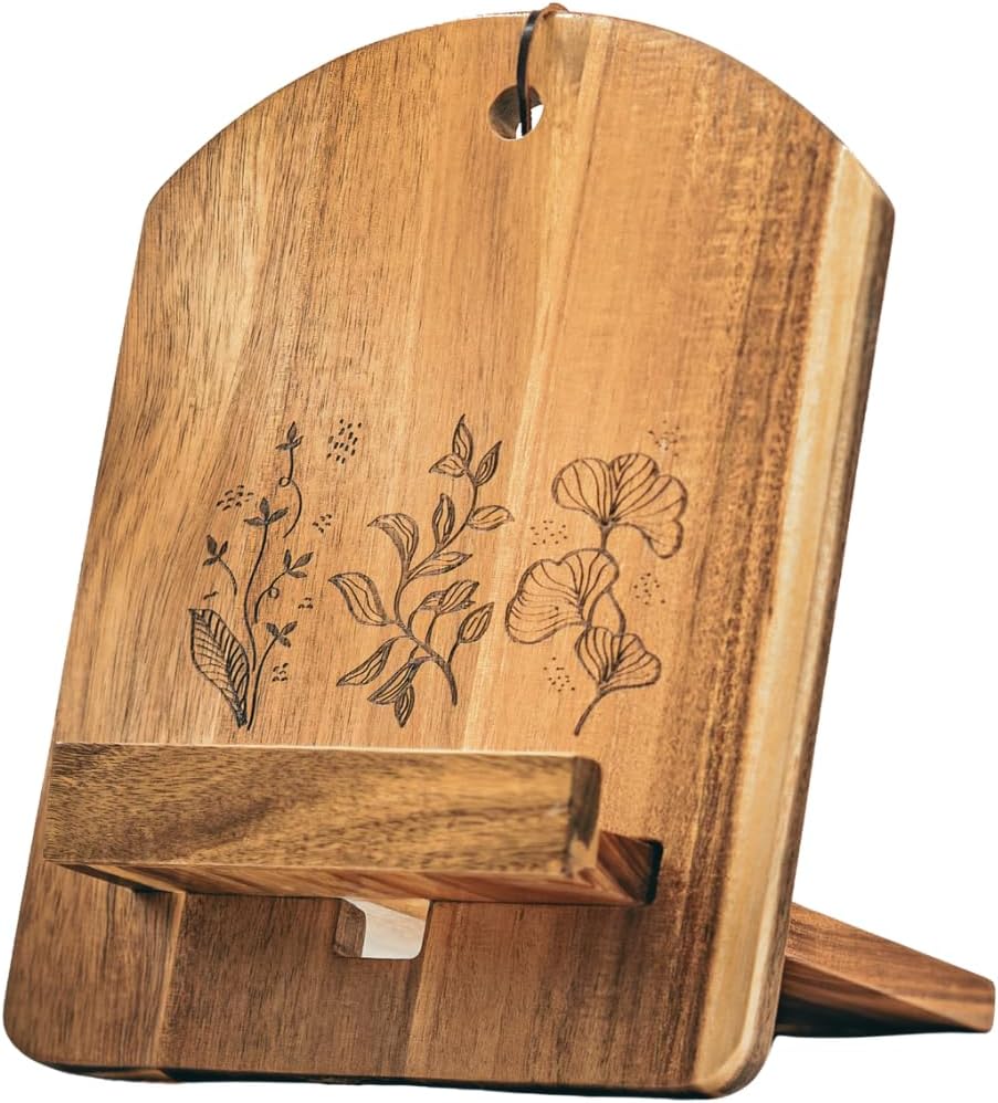 Wood Cook Book Stand for Kitchen Counter - Reversible Acacia Wooden Recipe Book Holder Stand - Cooking Measurement Conversion Card - Gift-Ready Adjustable Tablet Cook Book Holder - Charging Cable Slot