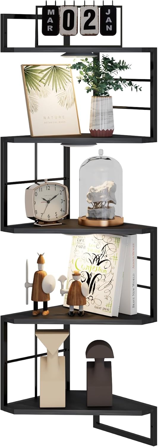 Floating Corner Shelves with Light - 5 Tiers Metal Corner Shelf Wall Mounted for Bedroom Living Room Office Kitchen, Easy-to-Assemble Corner Wall Shelves, Black