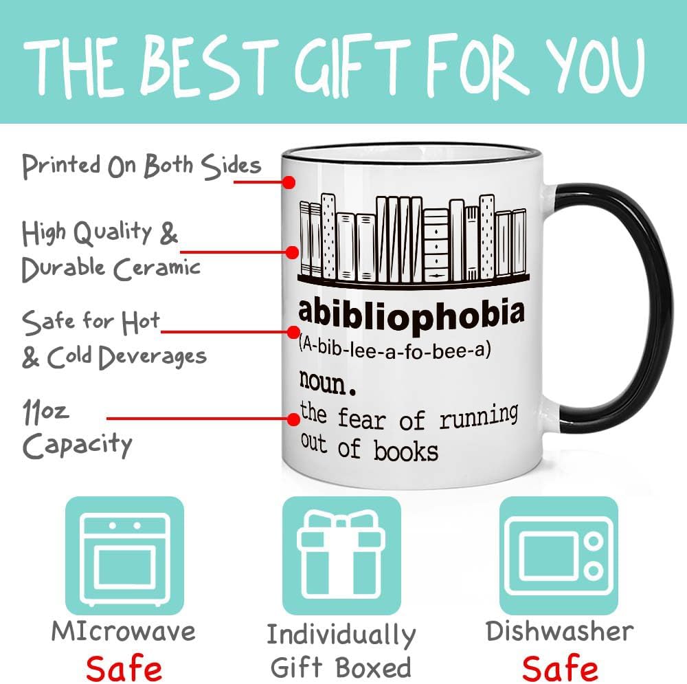 Funny Abibliophobia Mug - Book Lover Gifts for Women Men - Book Lover Mug - Funny Christmas Gifts for Librarian Reader 11OZ