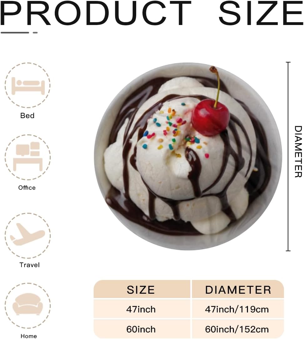 Novelty Round Cute Foodie Throw Blanket for Home, Couch, Bed, Dorm Decor Realistic Vanilla Ice Cream Sundae with Chocolate Syrup Summer Favorite Design Funny Favorite Food Lover Gag Gifts