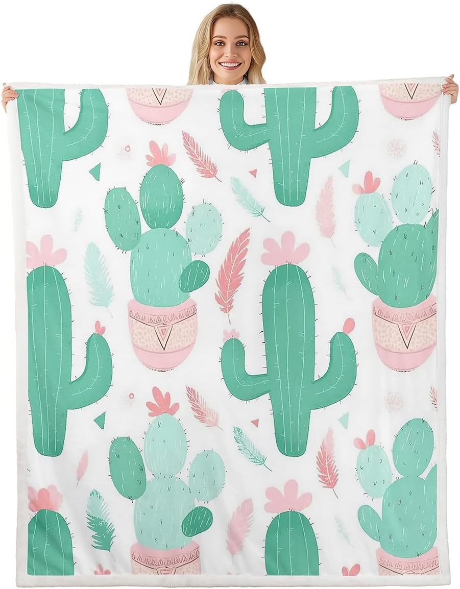 Feelyou Kids Cactus Throw Blanket Girls Boho Succulent Fleece Blanket for Bed Sofa Couch Teens Pink Green Botanical Pattern Decor Sherpa Blanket Exotic Plants Warm Fuzzy Blanket Twin 60"x80"
