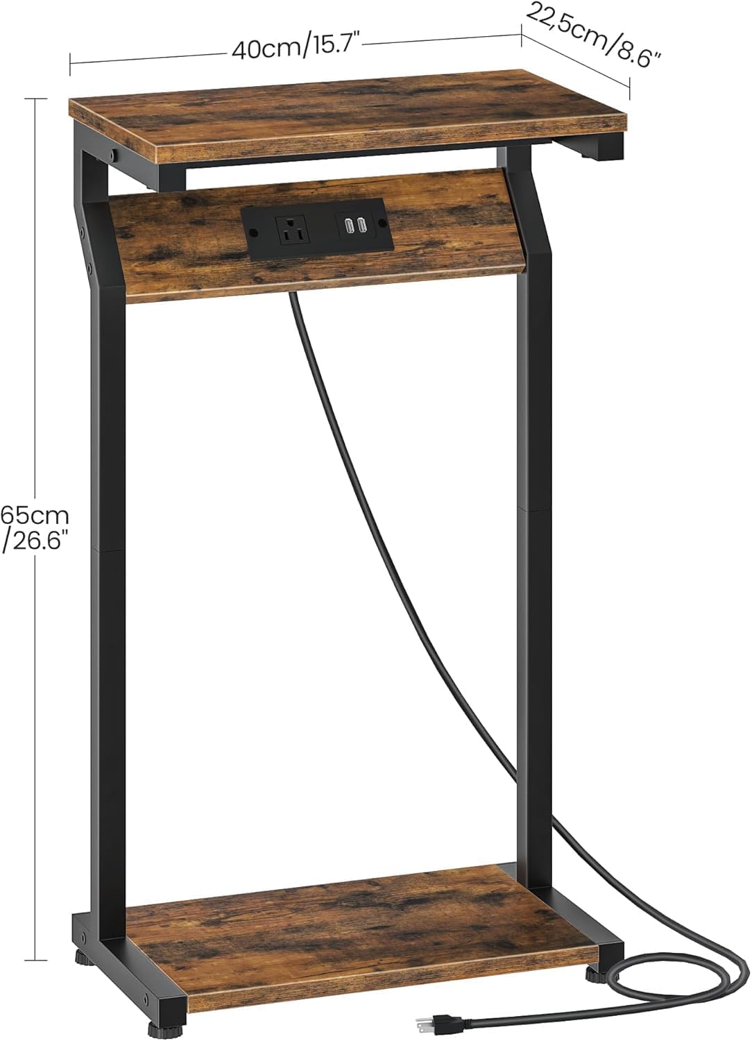 Narrow Side Table with Charging Station, 27" Skinny End Table for Small Spaces, Couch Table with Storage, Slim Tray Table with USB Ports, for Living Room, Bedroom, Rustic Brown TBZ27UBF
