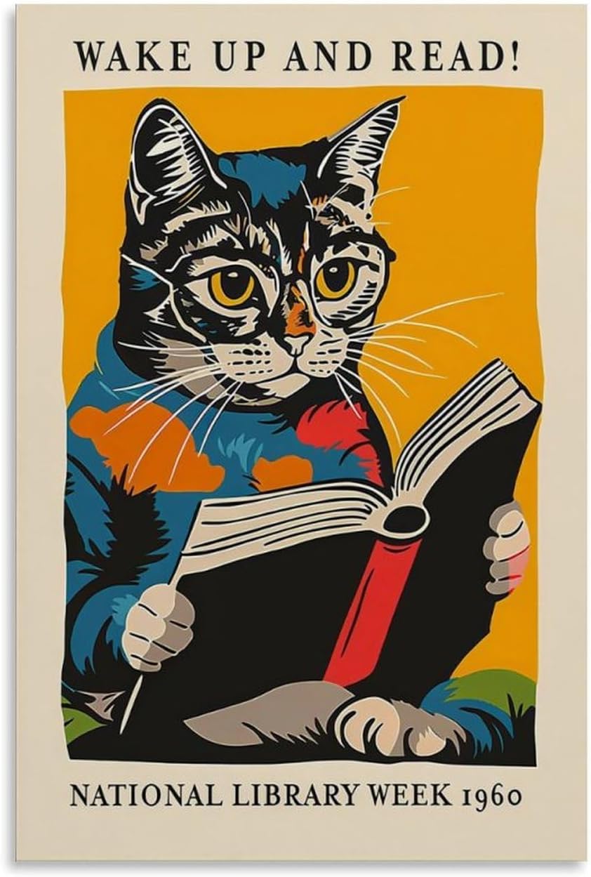 Cat And Book Poster Wall Art Canvas Print Office Bedroom Living Room Decor 16x24inch(40x60cm) Unframe-style