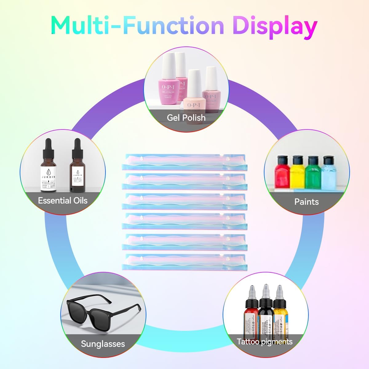 15" Nail Polish Rack Wall Mounted Floating Shelves Acrylic Paints Gel Polish Organizer and Storage with End Caps for Kid Room, Books, Nail Techs, Art Lovers, Great Display Salons, Rainbow