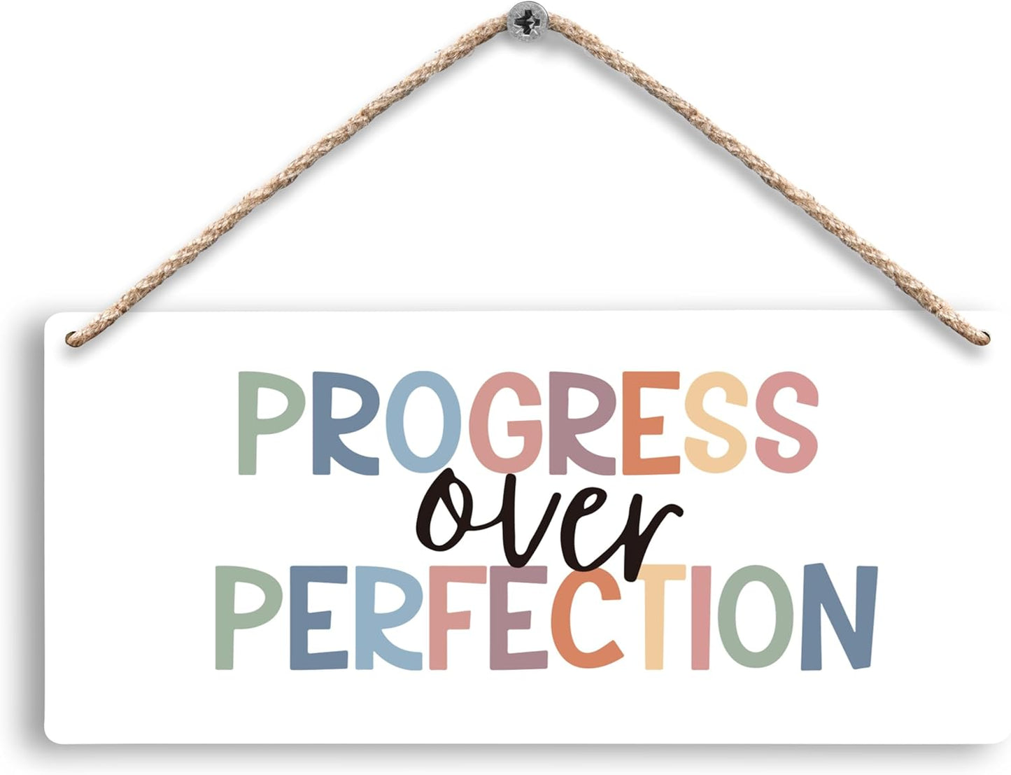 FUGWN Inspirational Progress Over Perfection Hanging Wooden Signs 12x6, Motivational Mental Health Wall Decor for Classroom Kids Room Playroom, Mental Health Home Decor Gifts for Kids Boys Girls