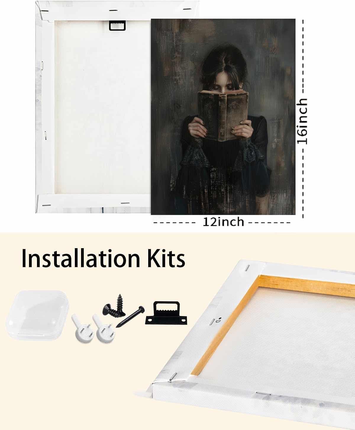 2 Pieces Gothic Canvas Wall Art Dark Academy Vampire Pictures Victorian Woman Reading Magic Book Posters Claw Hand Dracula Prints Moody Girl Witch Ghost Paintings Bedroom Library Classroom Office Home Decor 12"X16" Framed.