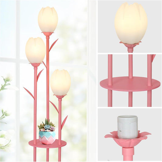 Pink Floor Lamp for Bedroom, 3-Light Flower Floor Lamp with Table, Corner Standing Lamps for Living Room, Tall Flower Lamp for Office, Girls Room, Unique Lighting Decor (Bulbs Included)