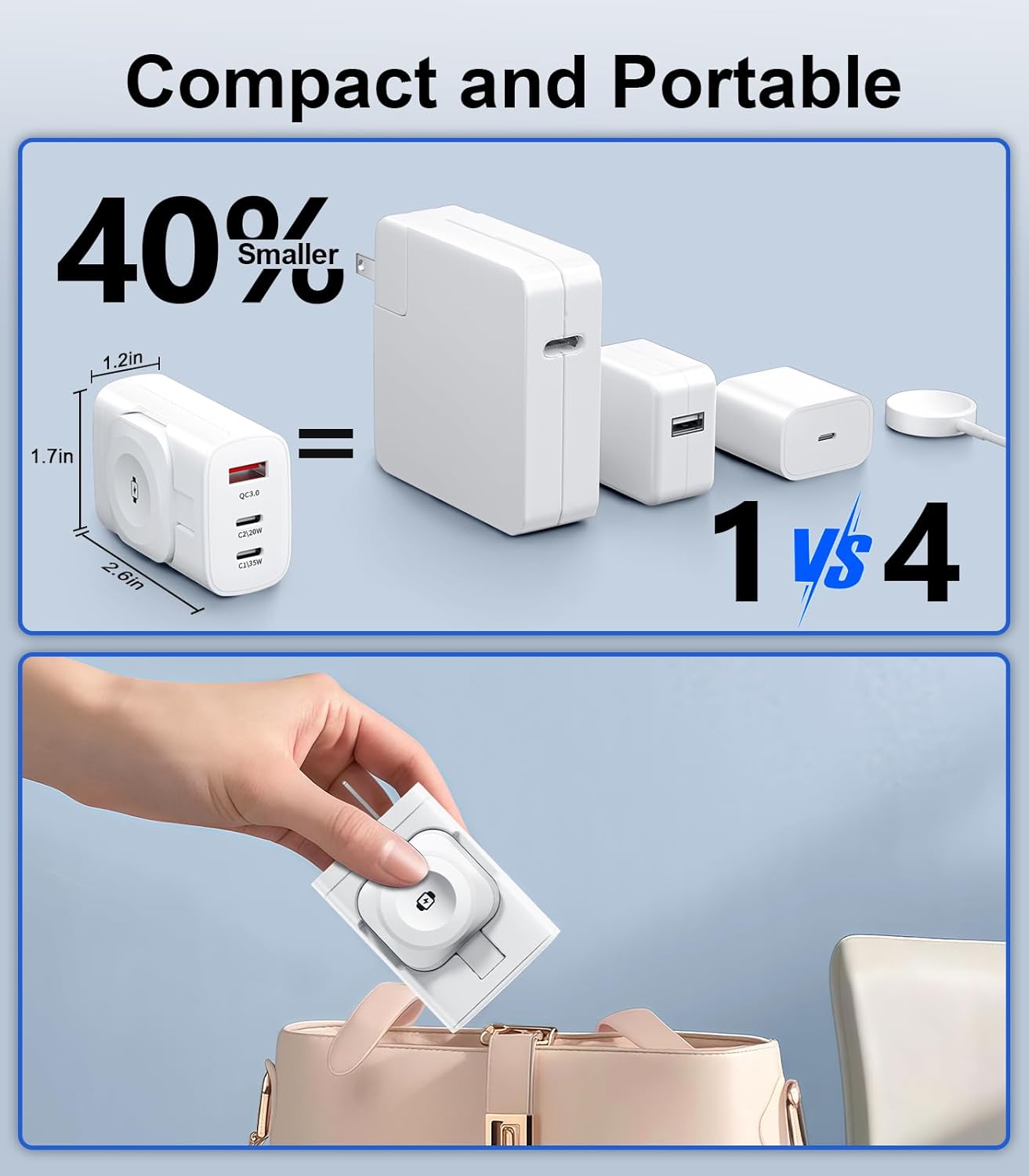 4 in 1 for Apple Watch Charger,Wireless Magnetic iWatch Charger,Portable Travel Essentials 40W USB C Fast Charging Block for Phone AirPods iWatch Ultra/SE/11/10/9/8/7/6,iPhone 17/16/15/14Devices,White