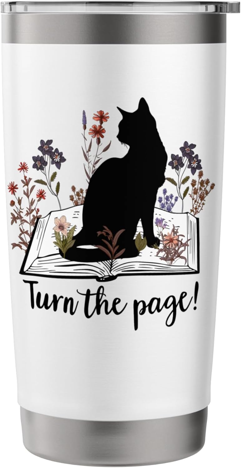 Turn the Page Books & Cats Black Cat Women Floral Book Lover Stainless Steel Insulated Tumbler