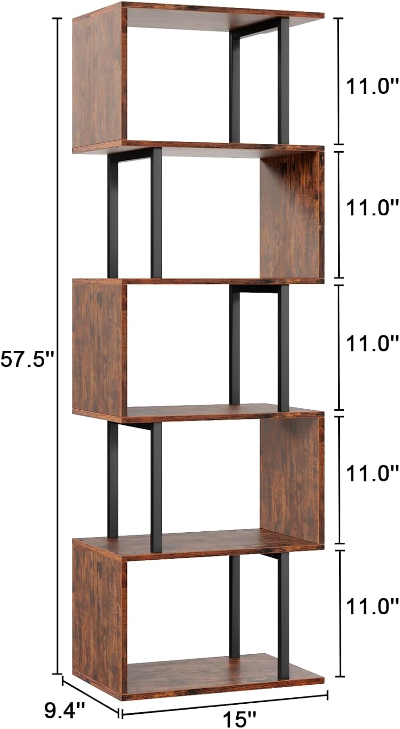Furologee 6 Tier Bookshelf, Tall S Shaped Geometric Bookcase, Modern Display Shelf Standing Unit, Wood Metal Decorative Divider Rack for Living Room Bedroom Office, Rustic Brown | Tall, Bookcase, Display, Book Shelf, Decorative, Bookshelves
