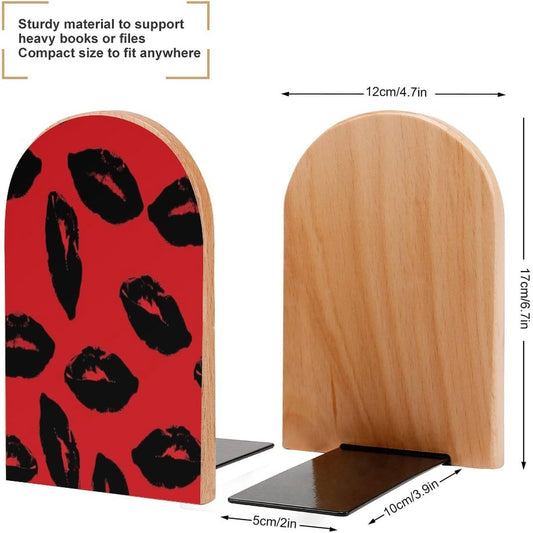 Red and Black Lips Wooden Bookend Non-Slip Book Ends Heavy Duty Book Stopper with Metal Base Books Holderd Decorative Bookends Stands Firmly for Office Supplies