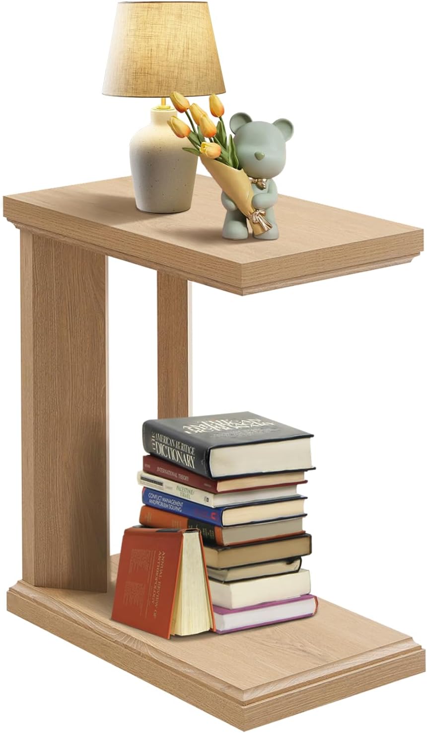 C Shaped End Table for Couch, 23.2'' High Small Side Table 2-Tier C Shaped Sofa Table for Small Narrow Spaces, Modern Nightstand for Bedroom, Living Room, Apartment, Home Office, Oak