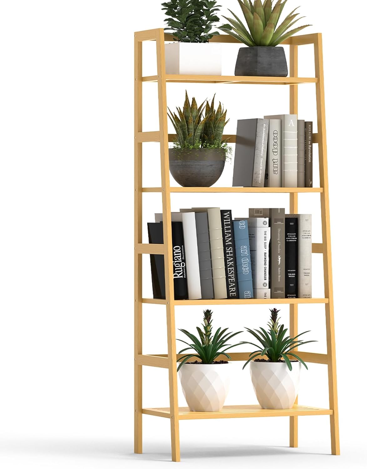 Bamboo Bookshelf, 4-Tier Ladder Shelf Freestanding Space Saver Open Bookcase Book Shelf, Bamboo Storage Shelving Unit Flower Plant Stand for Living Room, Bathroom, Home Office, Natural