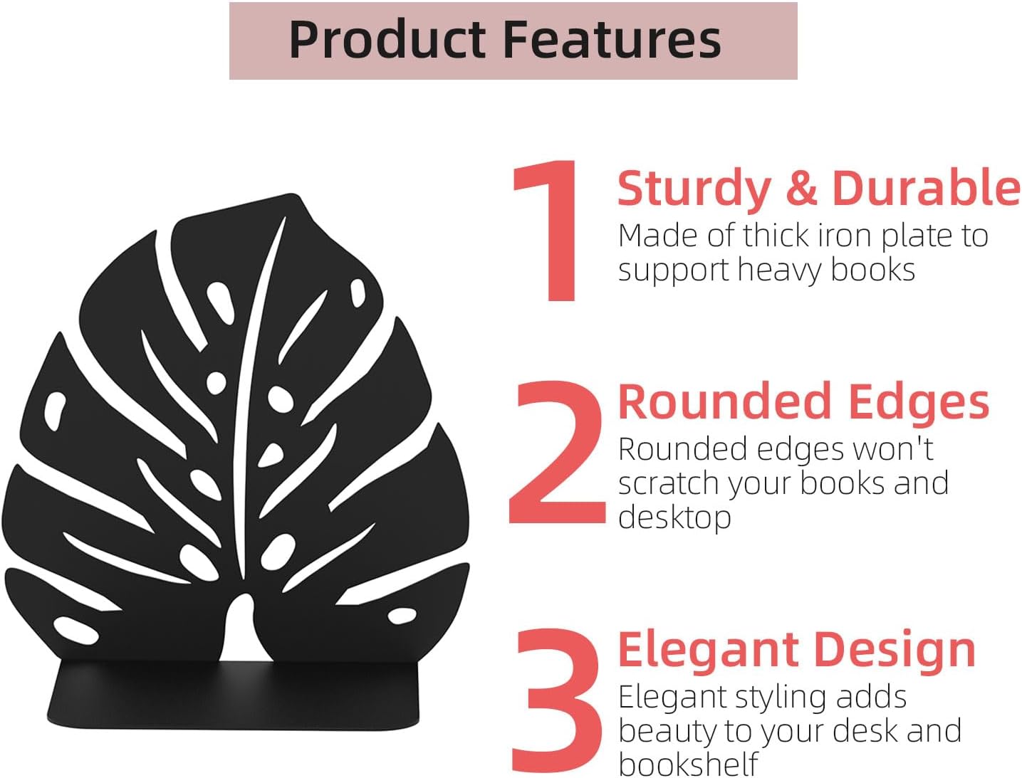 Decorative Bookends for Shelves, Sturdy Metal Book Ends for Heavy Books, Cute Monstera Design Non-Skid Book Stopper (2 Pairs, Black)