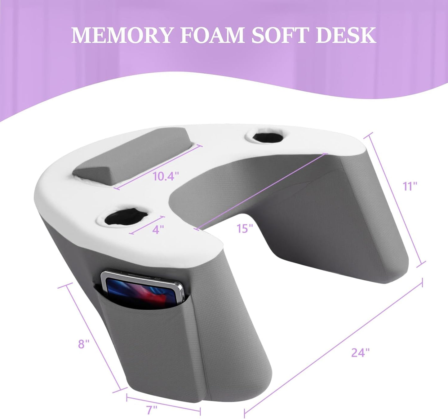 Ergonomic Lap Desk Pillow with Cooling Memory Foam – Gaming Cushion for Bed, Laptop Support, and Reading Pillow with Armrest for Comfort at Home, Office, or Travel (Grey)