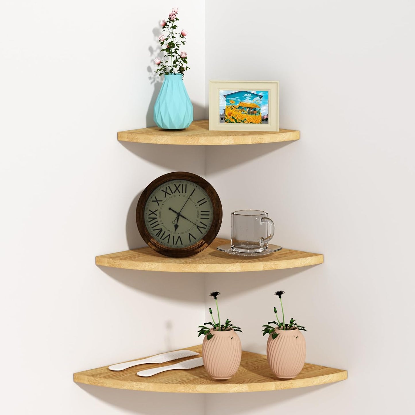 Corner Mounting Shelf, Easy to Install Wall Corner Shelf, Wall Shelves with Wood Grain Finish, Durable and Waterproof Wooden Material for Kitchen, Bathroom, Living Room Home Décor (Brown)