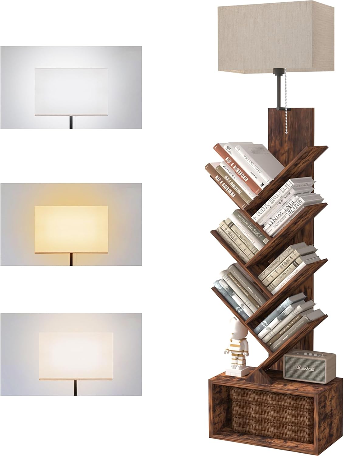 3-Tier Tree Bookshelf with 3-Color LED Lights, Small Narrow Tall Floor Standing Bookcase with Storage Organizer, Rustic Brown Book Shelf for Living Room, Bedroom, Home Office