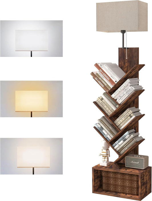 3-Tier Tree Bookshelf with 3-Color LED Lights, Small Narrow Tall Floor Standing Bookcase with Storage Organizer, Rustic Brown Book Shelf for Living Room, Bedroom, Home Office
