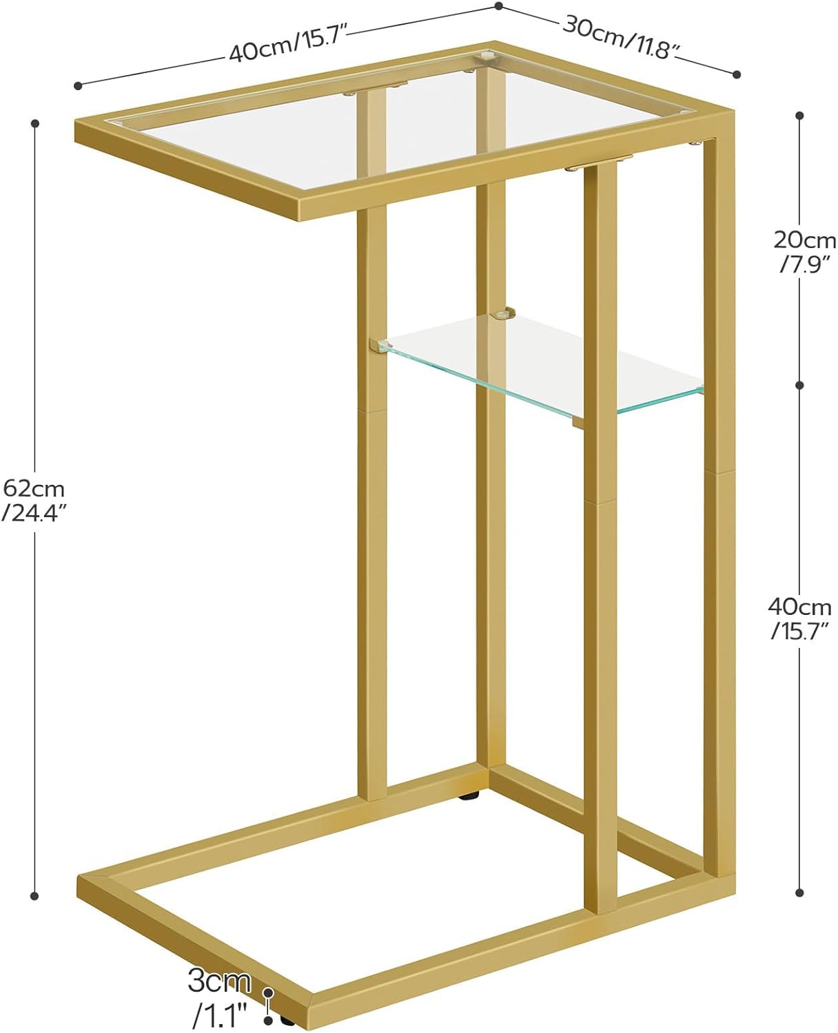 HOOBRO C Shaped End Table, Small Side Table for Couch, Gold Sofa Table with Tempered Glass, Coffee Table, Slide Under Couch, for Living Room, Bedside, Bathroom, Gold GD08SF01