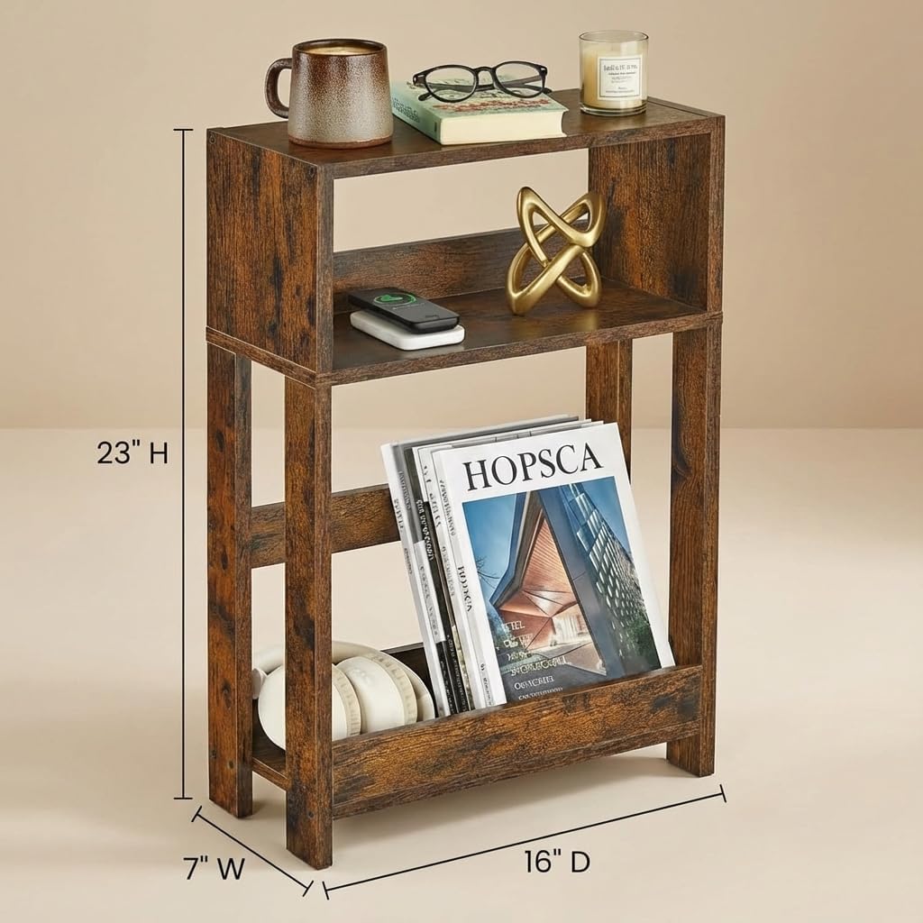 3-Tier Narrow Side Table,Skinny End Table and Bedside Nightstand for Small Space - Rustic Brown