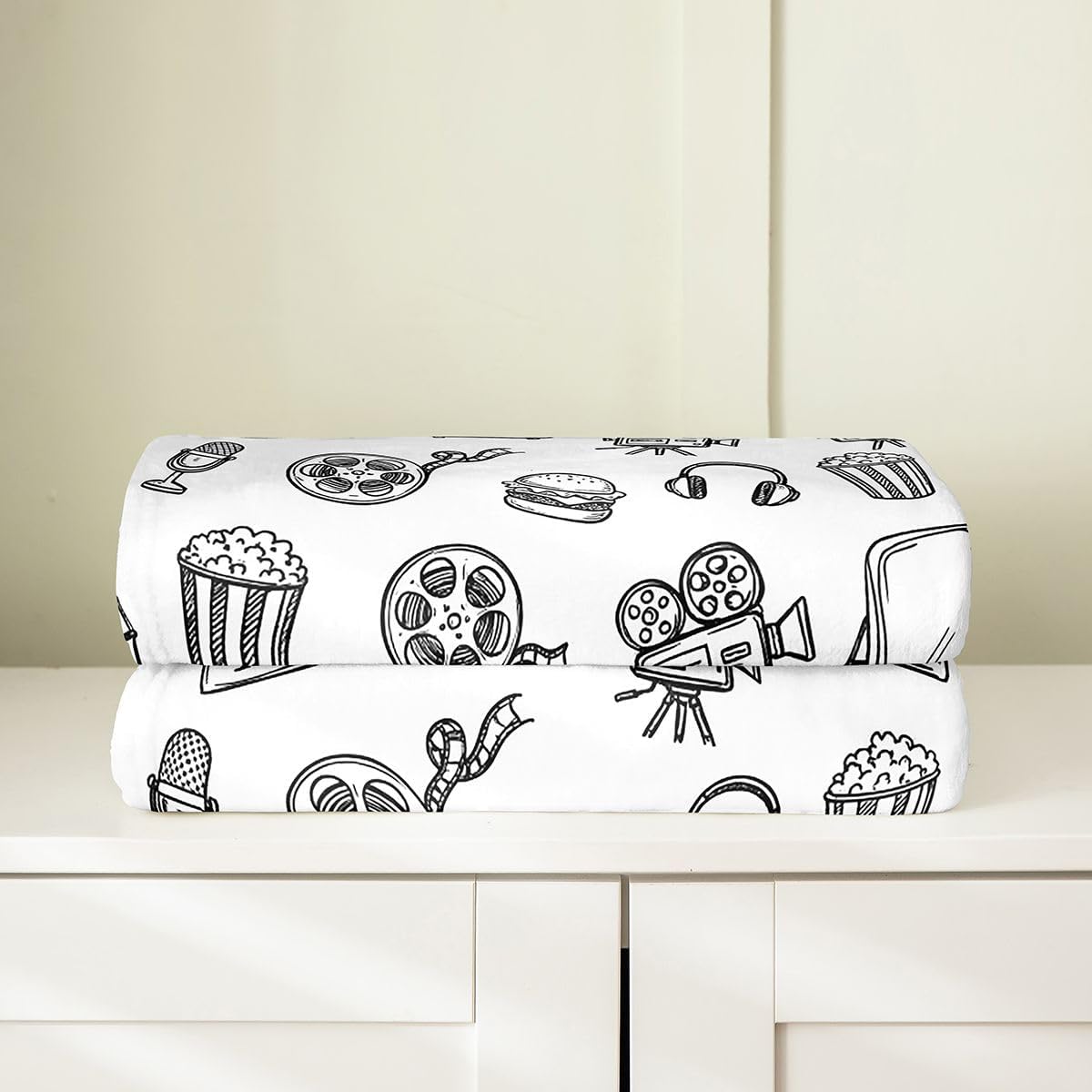Feelyou Cinema Pattern Plush Throw Blanket White Line Art Movie Flannel Blanket Twin 60"x80" Retro Cinema Aesthetic All Season Cute Movie for Couch Bed Sofa Bedroom Decor