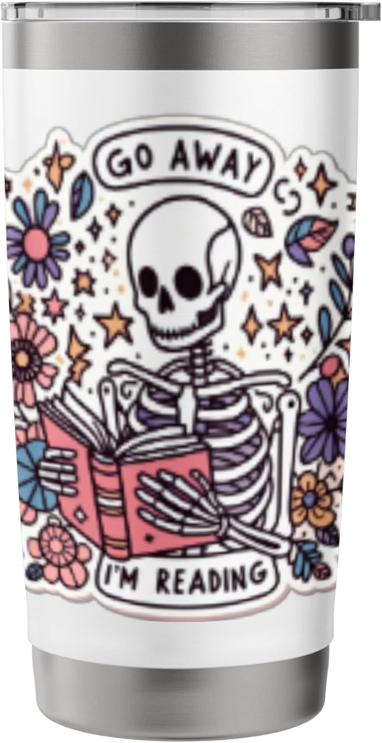 Go Away I'm Reading Funny Skeleton Book Lovers Bookish Skull Stainless Steel Insulated Tumbler
