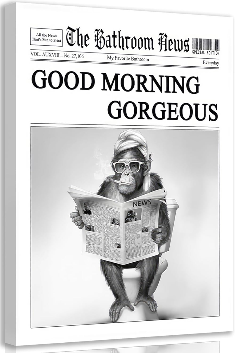 Funny Gorilla Bathroom Canvas Wall Art Black White Gorilla Reading Newspapers Painting Picture Wall Decor Humorous Bathroom Animals Poster Print Artwork for Toilet Home Decoration 12x16in