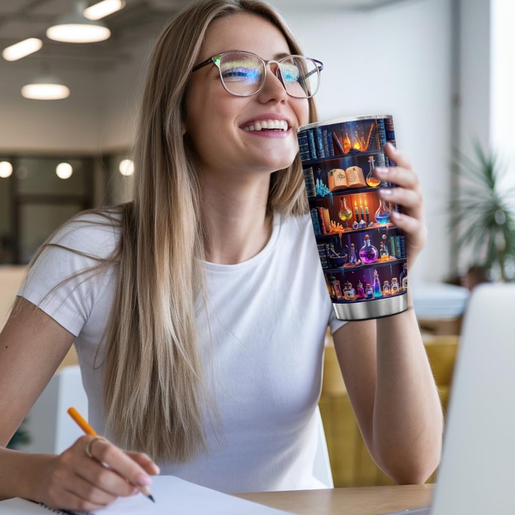 Book Lovers 20oz Stainless Steel Tumbler – Colorful Bookshelf Design Cup – Insulated Travel Mug with Lid – Gift for Readers, Fantasy Lovers, Halloween, Christmas