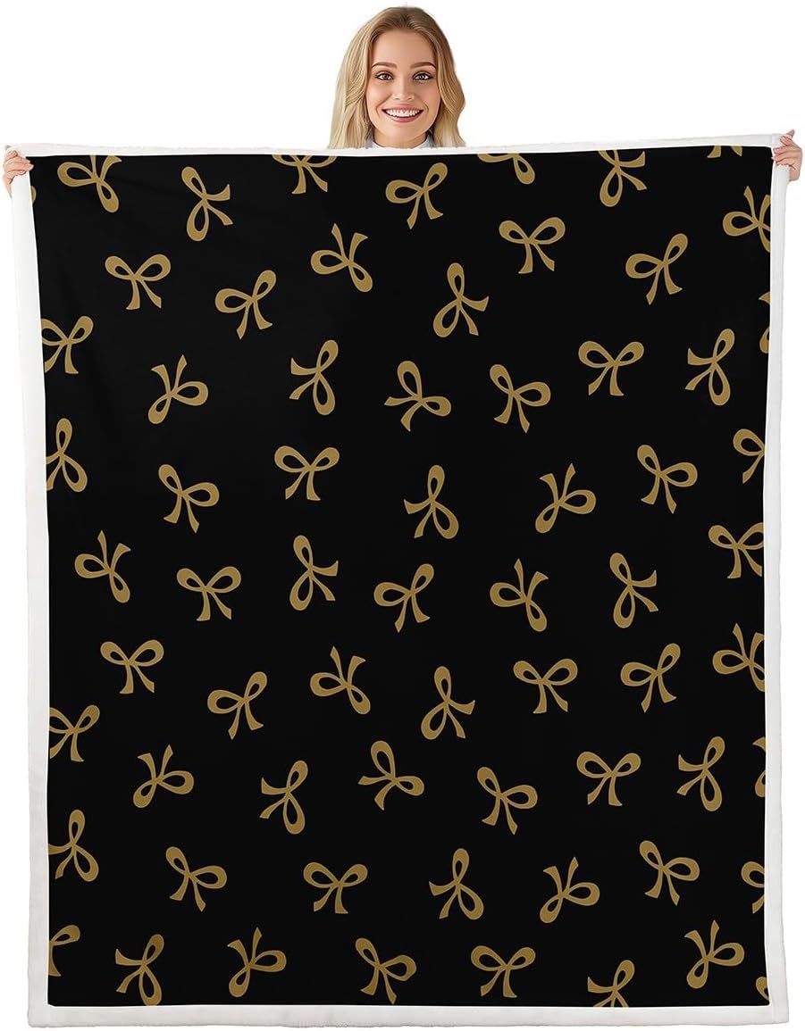 Feelyou Bow Black Gold Fleece Throw Blanket Cute Kawaii Sherpa Blanket for Kids Women Men Plush Fuzzy Ribbon Bow Knot Throw 50"x60" Princess Bowknot Girly for Bed Couch Chair Living Room Bedroom Decor