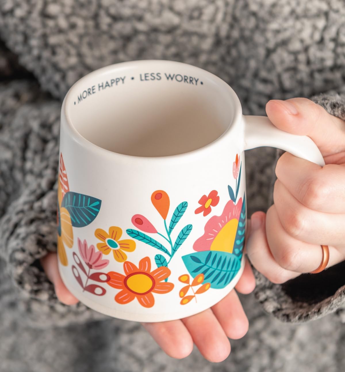 Karma, 14 oz Shelly Mug - Cute Coffee and Tea Mug - Ceramic Coffee Mugs for Women and Men, More Happy