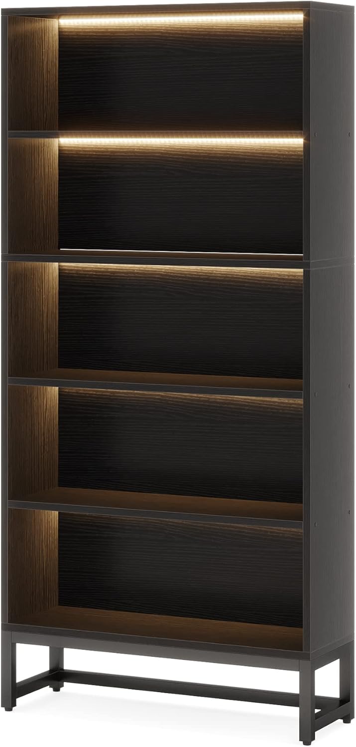 LITTLE TREE 70.8 Inch Tall Bookshelf with LED Light Strip, 5-Tier Large Bookcases Organizer with Storage Shelves, Heavy Duty Free-Standing Library Etagere Shelving Unit for Living Room, Bedroom