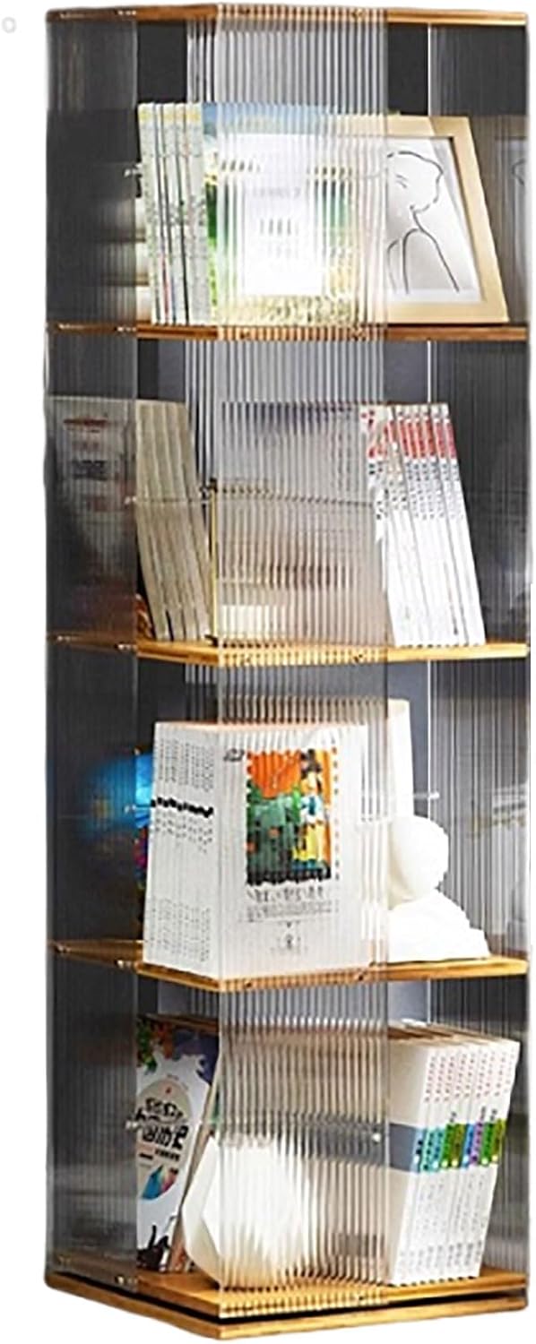 360° Rotating Bookshelf - Spinning Acrylic & Solid Wood Bookcase, Modern 4-Tier Storage Organizer for Kids' Playroom & Bedroom, Stylish Book Storage Solution