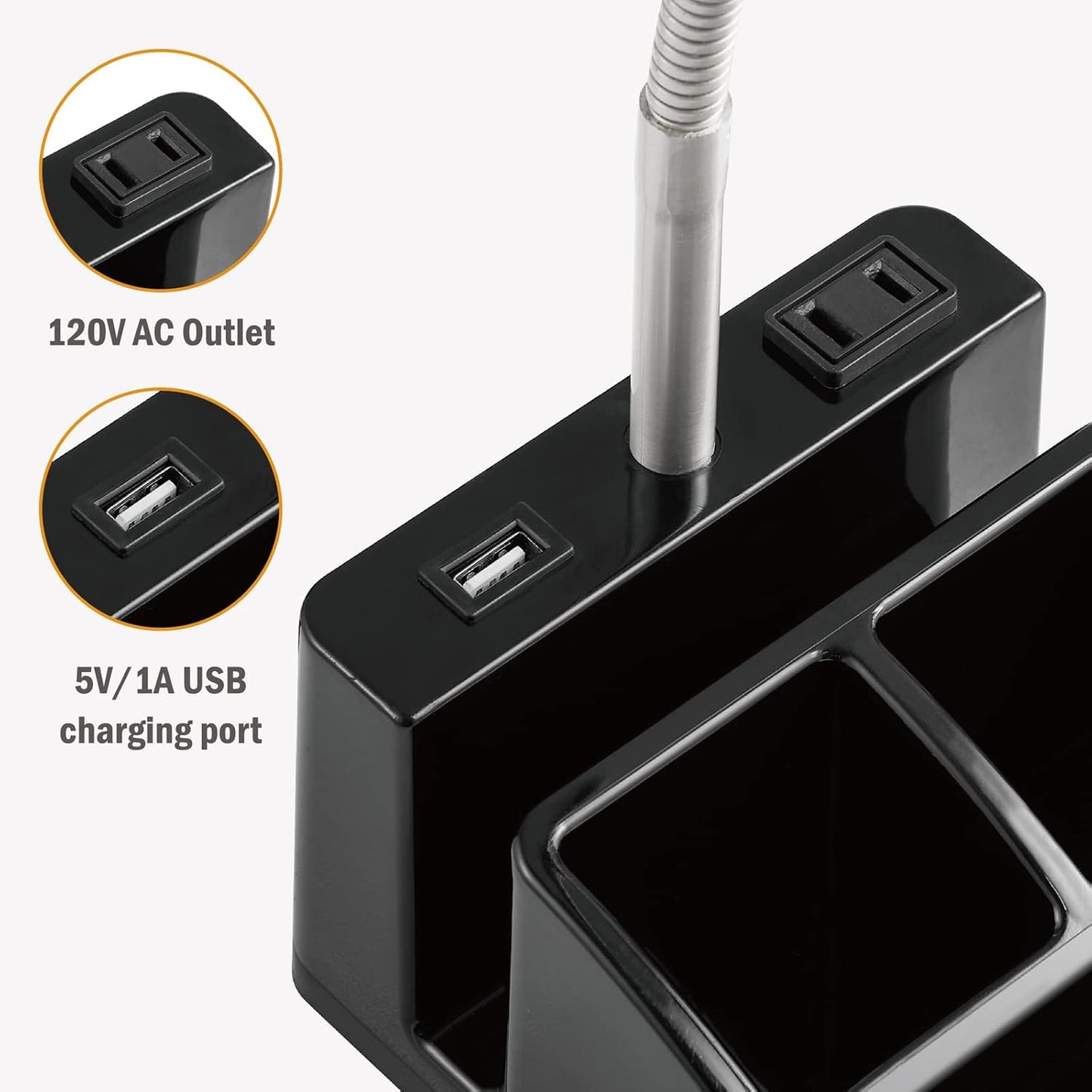 USB 충전 포트 1개와 AC 콘센트 1개가 있는 LED 책상 램프, 오거나이저 베이스, 조절 가능한 목, 온/오프 스위치, 독서, 작업, 공부를 위한 현대적인 테이블 램프, 부드럽고 따뜻한 백색광, 눈 보호(블랙)