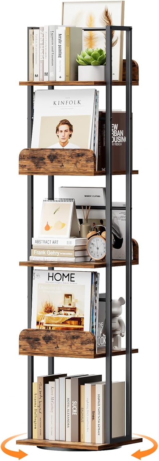 Bikoney Rotating Bookshelf, 360 Display Spinning Bookshelf Tower, 5-Tier Narrow Bookcase, Tall Industrial Book Shelf Organizer, Small Corner Book Shelves for Living Room, Black