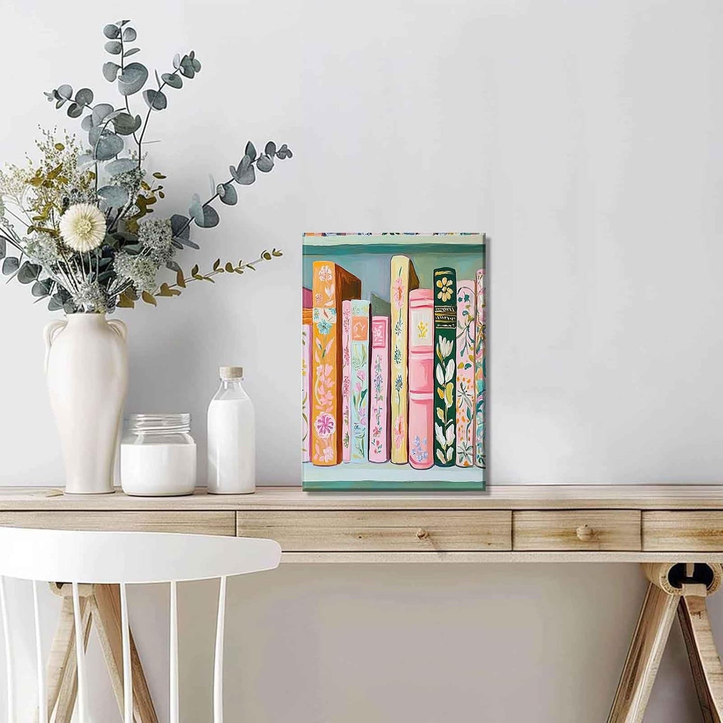 Pastel Book Canvas Wall Art Modern Study Colorful Books Decor Pictures Girl Reading Bookworm Nook Paintings Poster Prints for Home Decoration Classroom Bathroom Bedroom Living Room Decoration