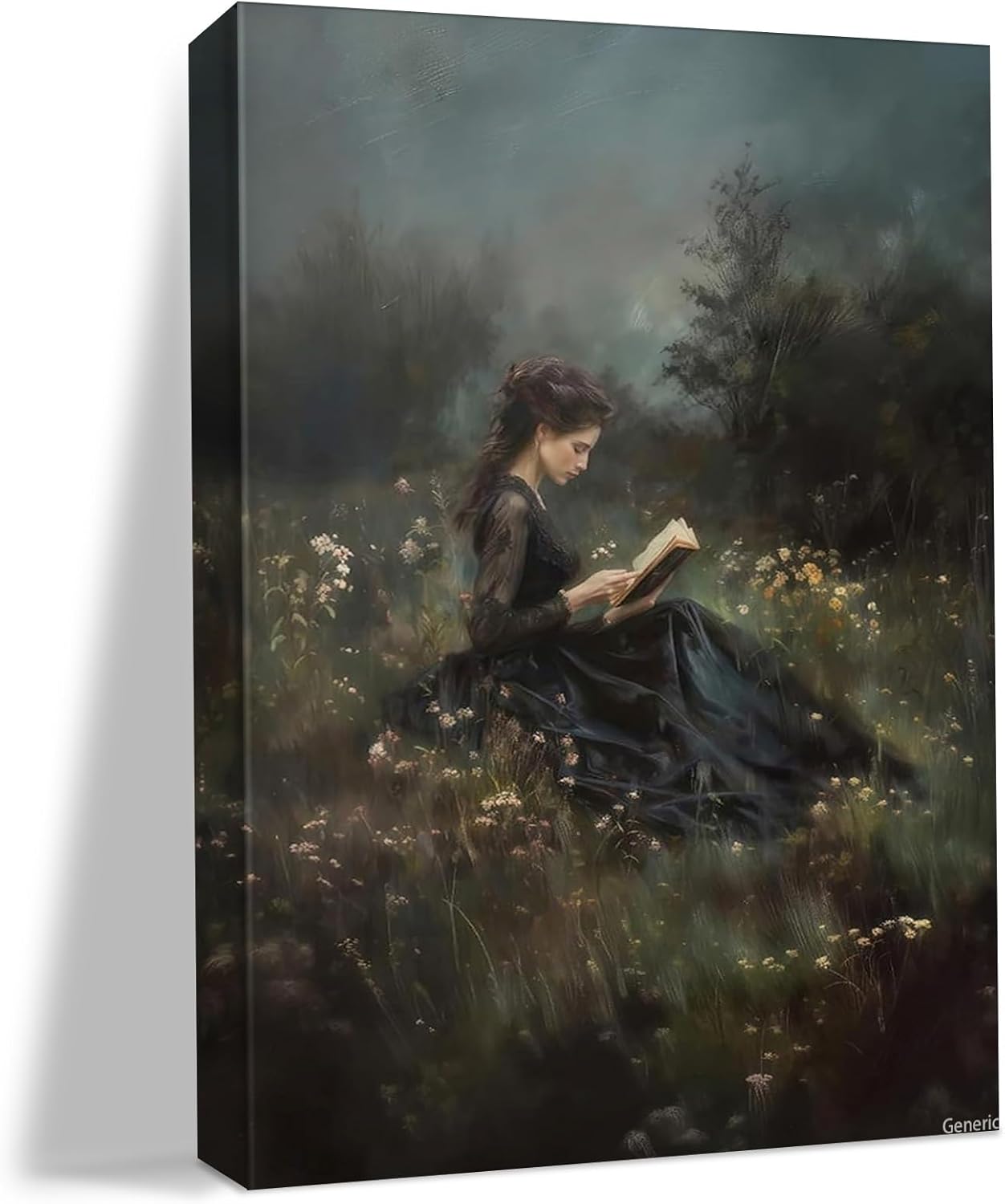 Moody Flower Field Book Wall Art, Dark Academia Wall Art, Victorian Woman Reading Bookish Painting, Book Lover Gift Framed, 8x10inch