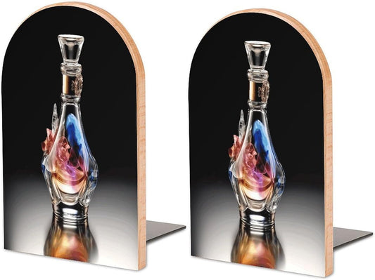Perfume Bottle Bookend for Shelves Wooden Book End Large Size Sturdy Book Holders Stoppers with Metal Base for Bookshelves Slick Decorative Bookends Stands