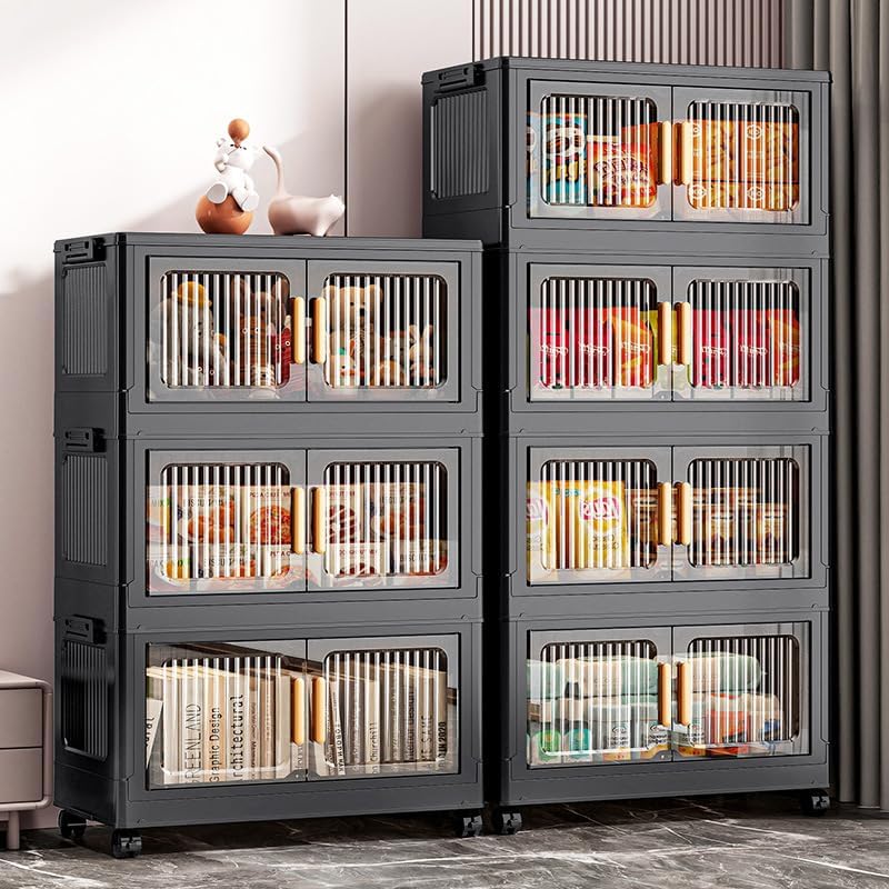 4-Tier Stackable Storage Bins with Lid,Foldable Plastic Drawer Storage with Wheels,Closet Organizers and Storage for Living Room, Office, Dorm