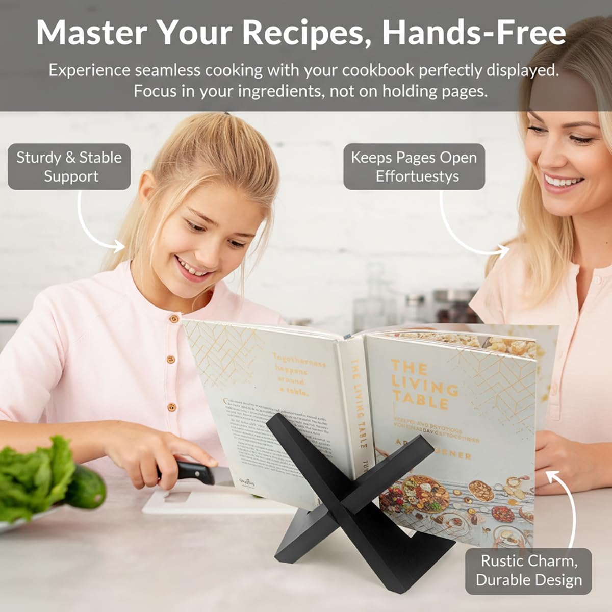Rustic Cookbook Holder Stand for Kitchen, Recipe Book Holder for Kitchen Counter, Wooden Kitchen Book Holder, Rustic Cook Book Holder with Wooden Grains (2 in Black)