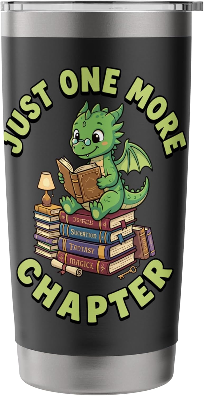 Just “One” More Chapter, Cute Dragon Bookworm Reader Stainless Steel Insulated Tumbler