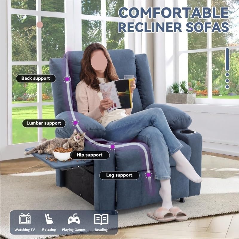 Power Reclining Sofa Chair with Heat and Massage Upholstered Heating Point Theater Seating Single Chairs with Side Pockets Sidetable for Home Furniture